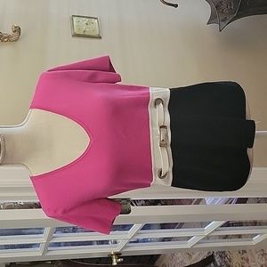 Emma J hot pink black & white knit short skeeve top V neck fitted waist Medium …